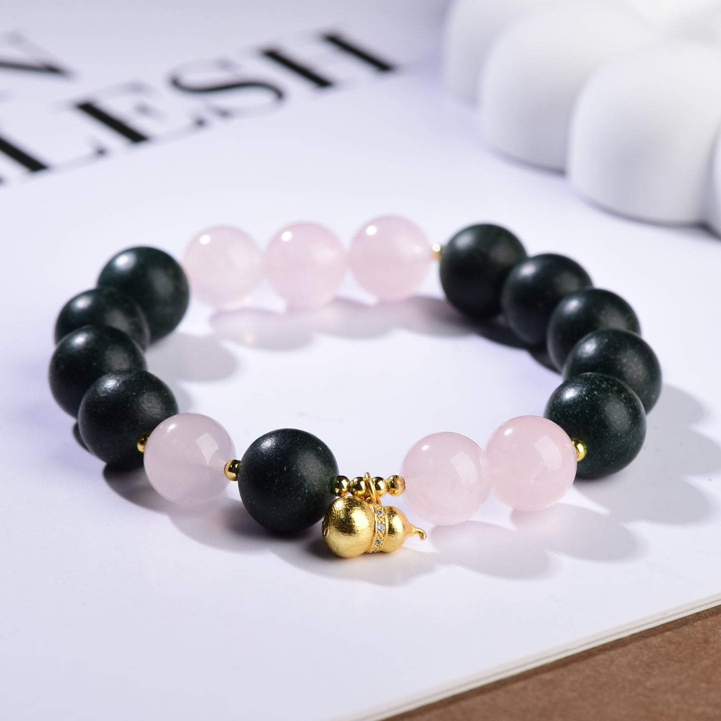 Black Forest & Rose Charm Bracelet — with Gold Lucky Gourd Pendant