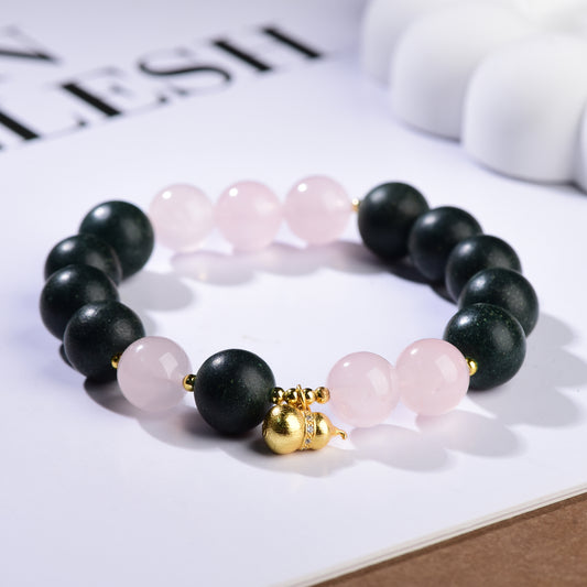 Black Forest & Rose Charm Bracelet — with Gold Lucky Gourd Pendant