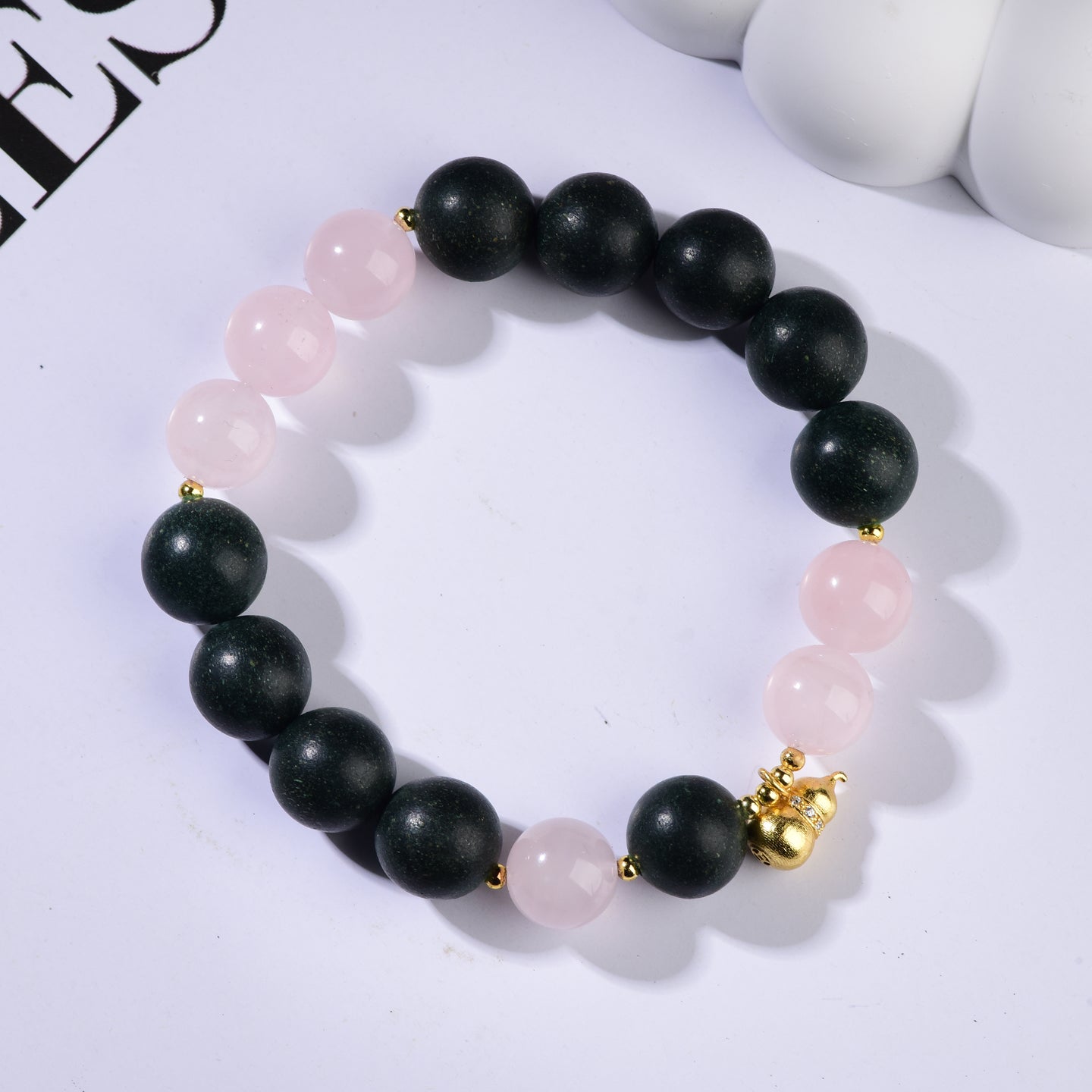 Black Forest & Rose Charm Bracelet — with Gold Lucky Gourd Pendant