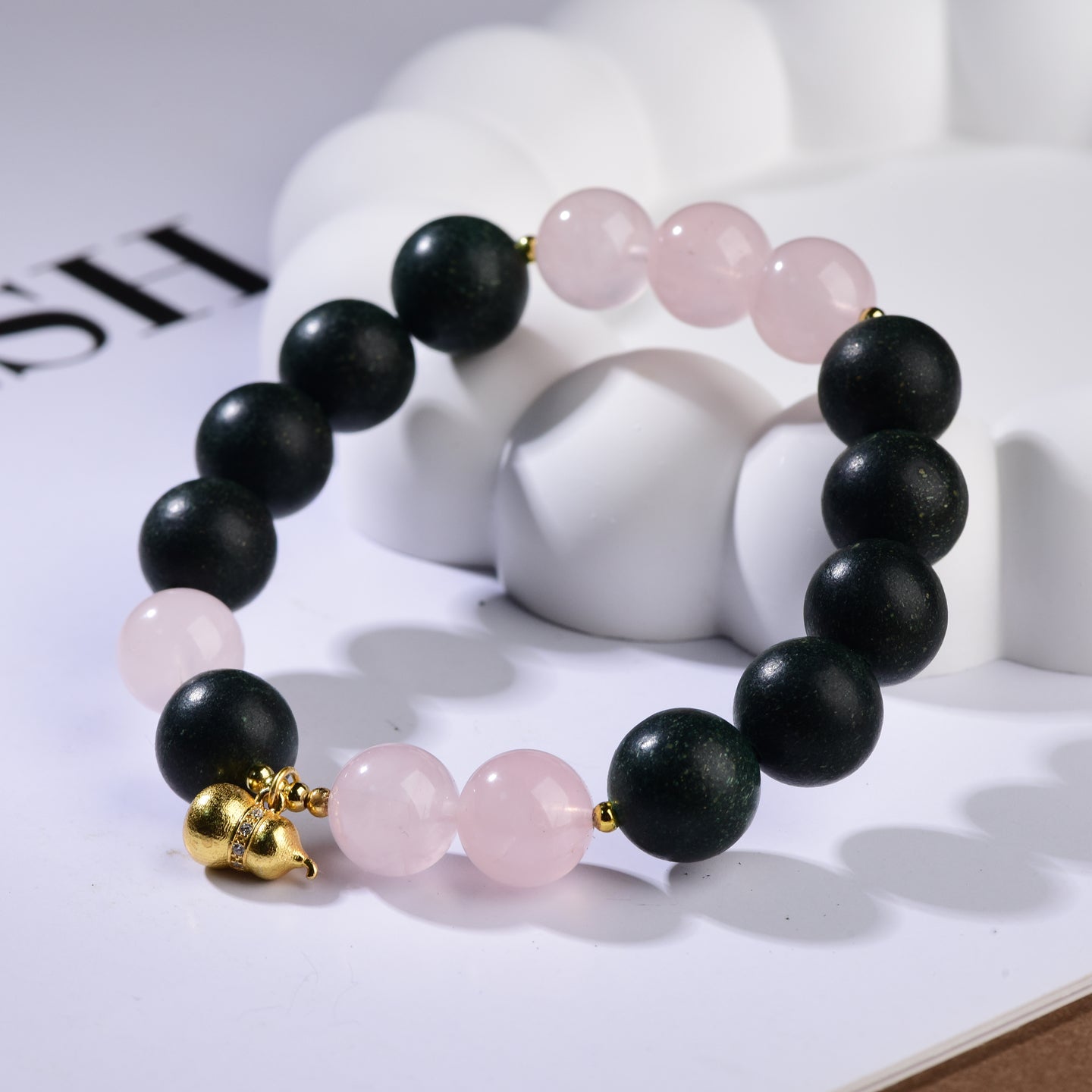 Black Forest & Rose Charm Bracelet — with Gold Lucky Gourd Pendant