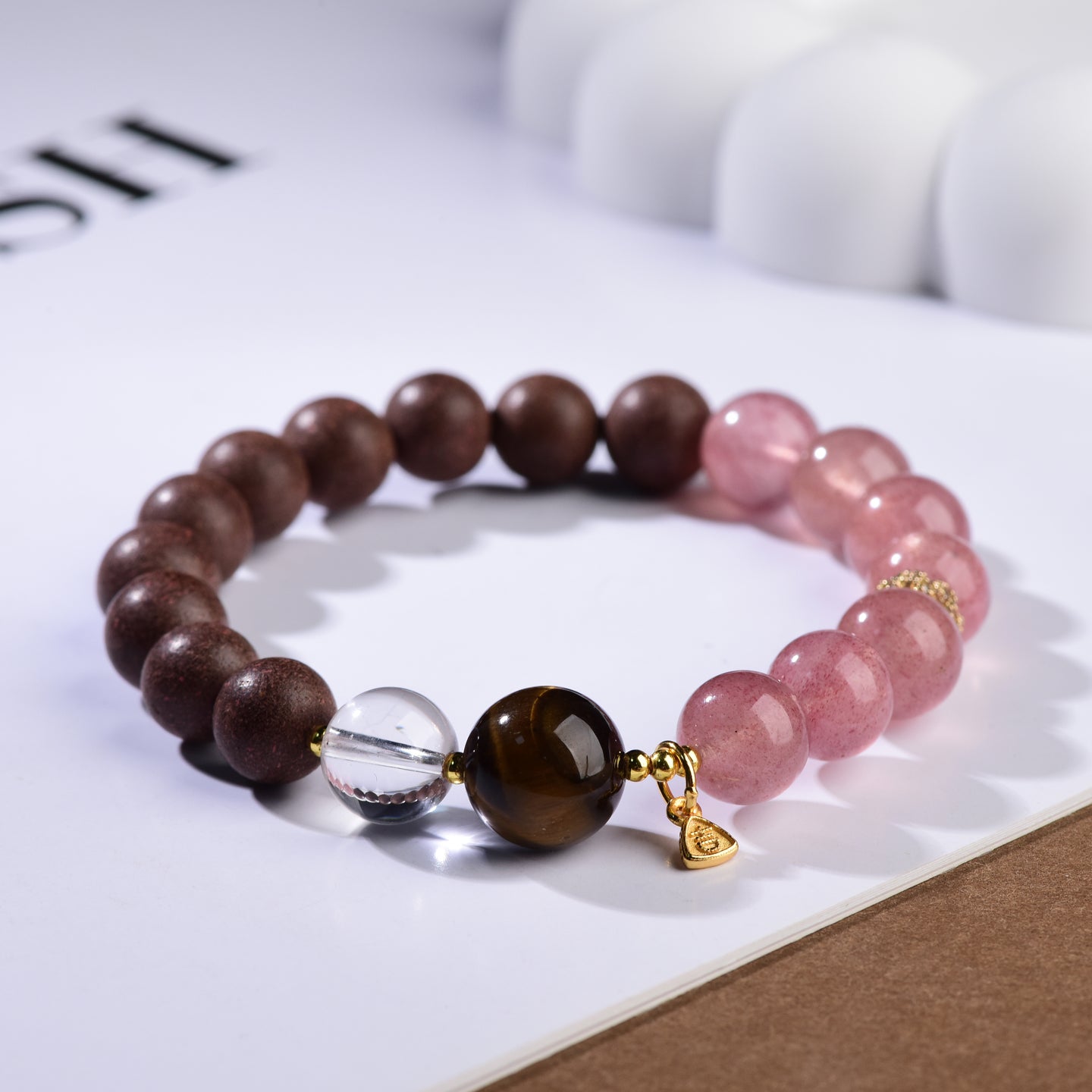 Triple Harmony Crystal Bracelet – Pink Quartz, Tiger’s Eye & Clear Crystal with Gold Charm