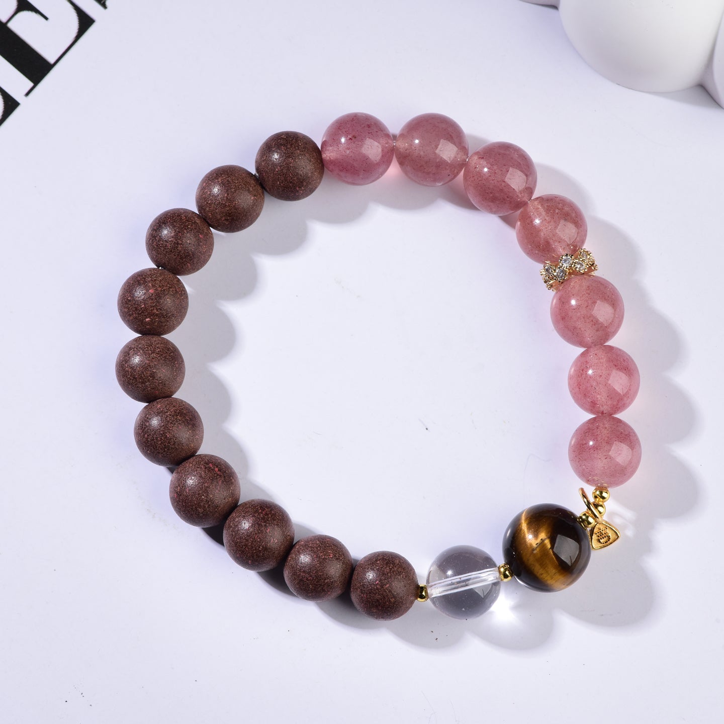 Triple Harmony Crystal Bracelet – Pink Quartz, Tiger’s Eye & Clear Crystal with Gold Charm