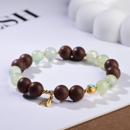 Green Mist & Earthwood Harmony Bracelet – with Gold Leaf Charm