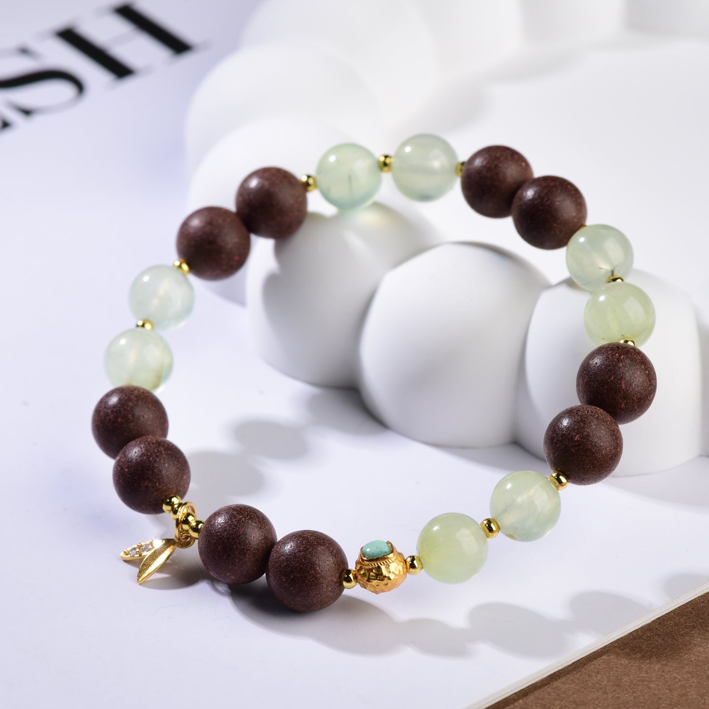 Green Mist & Earthwood Harmony Bracelet – with Gold Leaf Charm