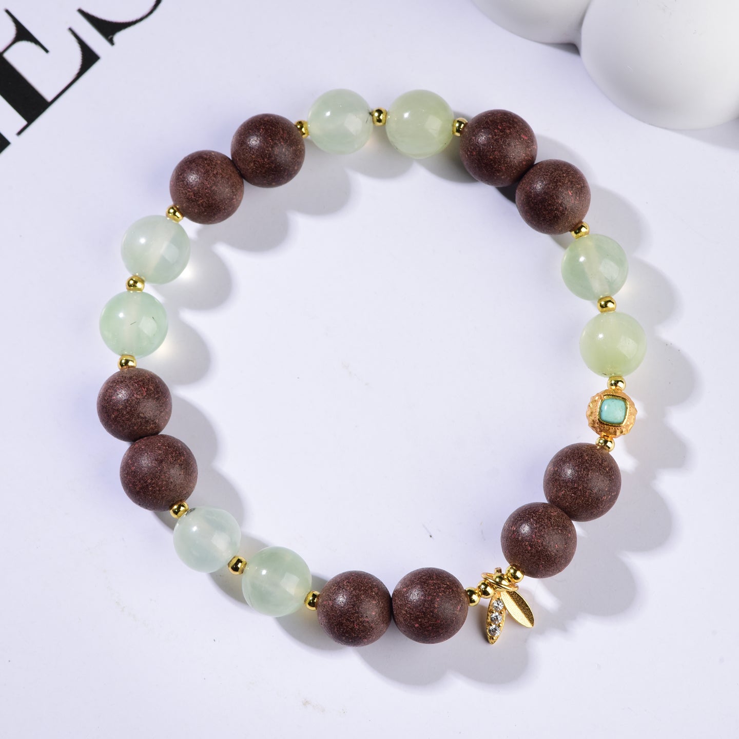 Green Mist & Earthwood Harmony Bracelet – with Gold Leaf Charm