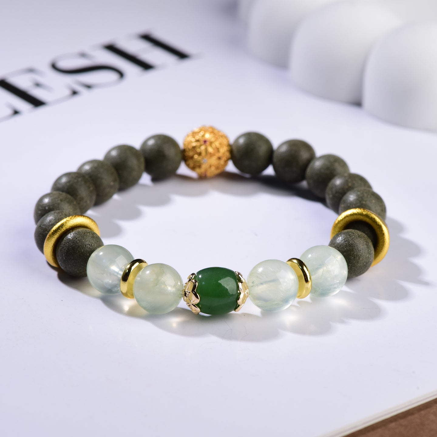 Jade Garden Balance Bracelet – Green Crystal, Frosted Stone & Gold Accents