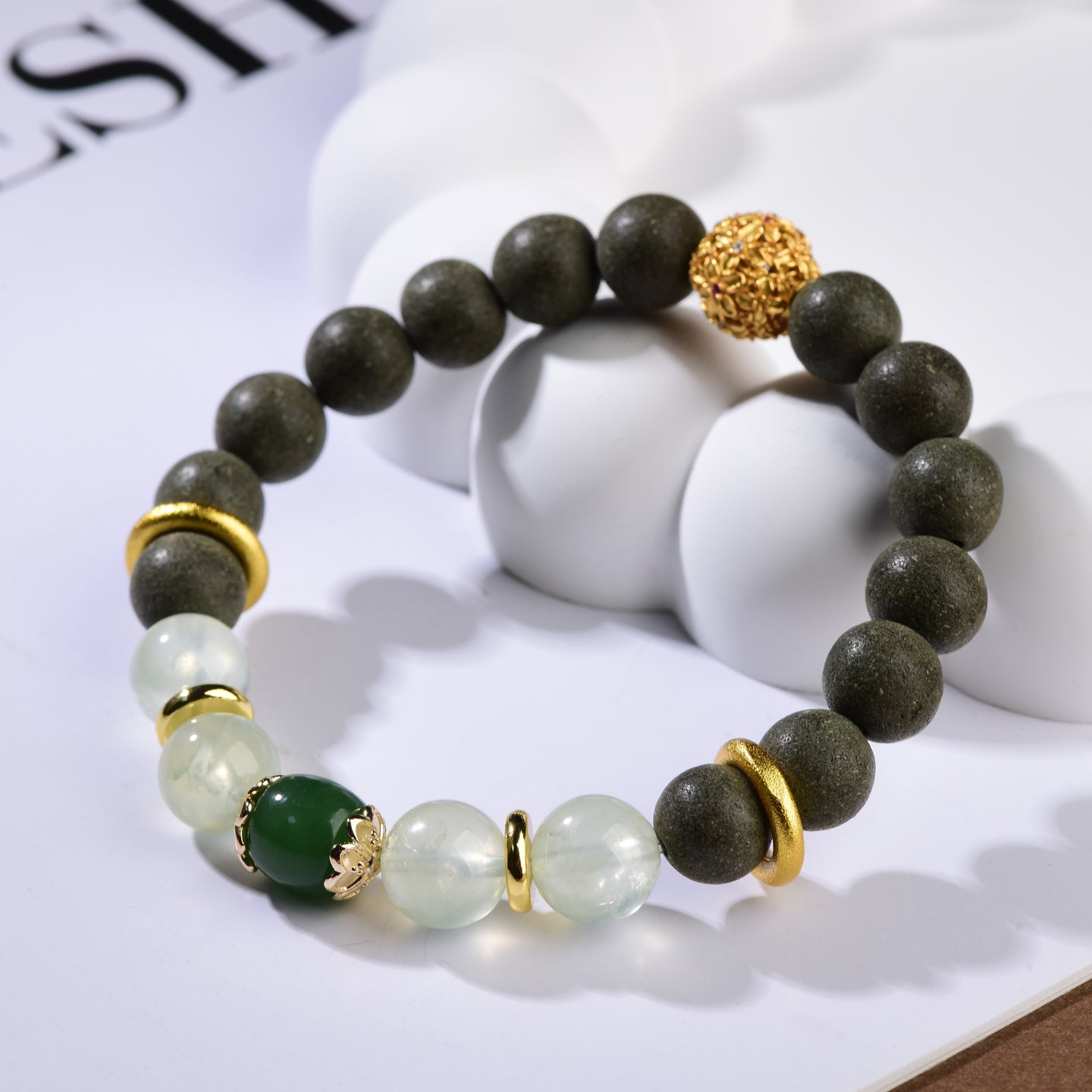 Jade Garden Balance Bracelet – Green Crystal, Frosted Stone & Gold Accents