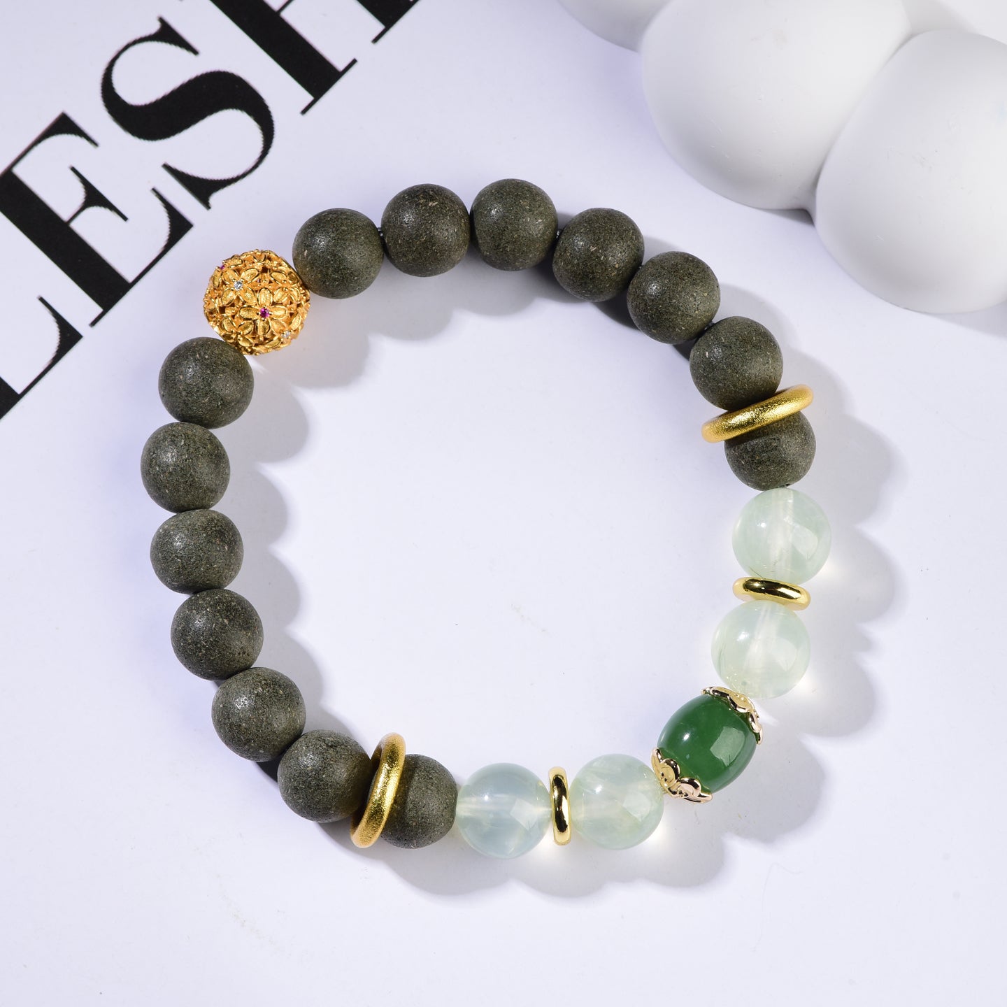 Jade Garden Balance Bracelet – Green Crystal, Frosted Stone & Gold Accents