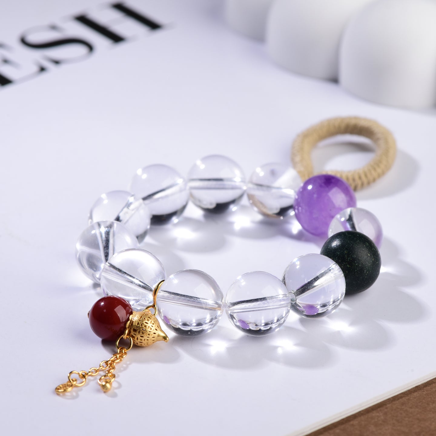 Celestial Clarity Crystal Bracelet – Clear Quartz, Amethyst & Jade Green with Gold Pendant