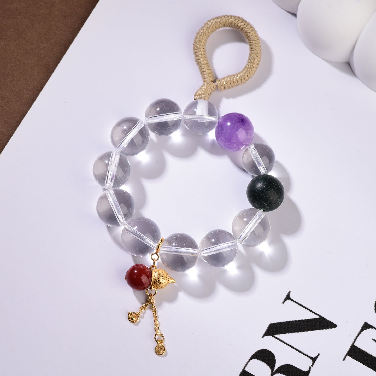 Celestial Clarity Crystal Bracelet – Clear Quartz, Amethyst & Jade Green with Gold Pendant